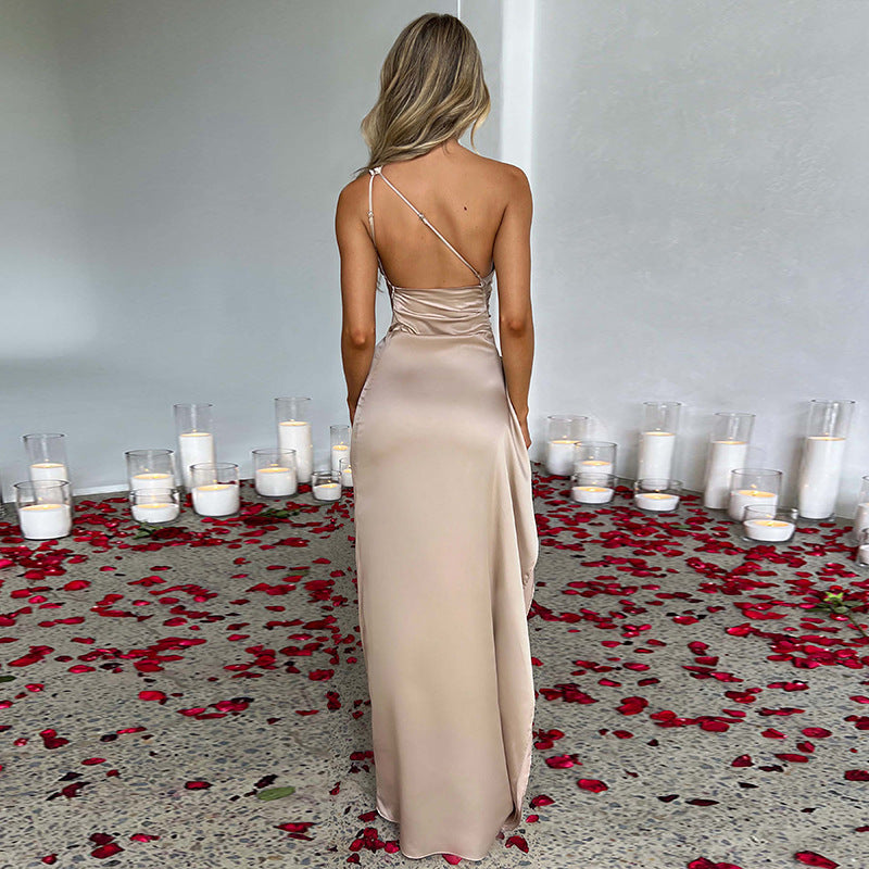 Elegant & Sexy One-Shoulder Backless Satin Dress with Split