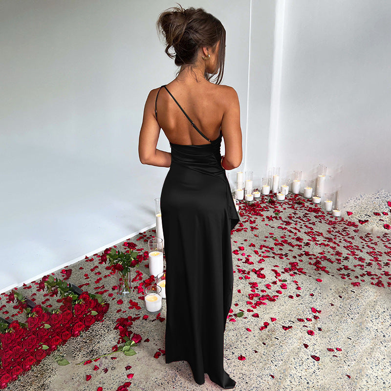 Elegant & Sexy One-Shoulder Backless Satin Dress with Split