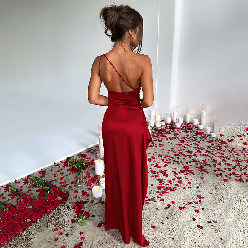 Elegant & Sexy One-Shoulder Backless Satin Dress with Split