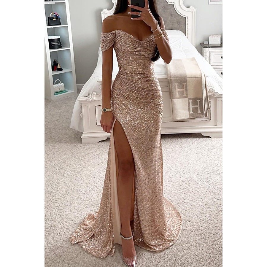 Elegant Party Sequins Off-Shoulder Split Dress