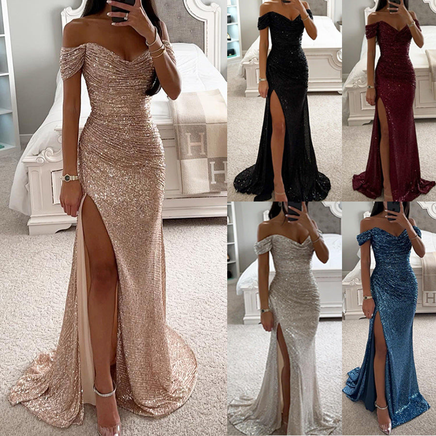 Elegant Party Sequins Off-Shoulder Split Dress