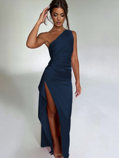 Elegant & Sexy One-Shoulder Backless Satin Dress with Split