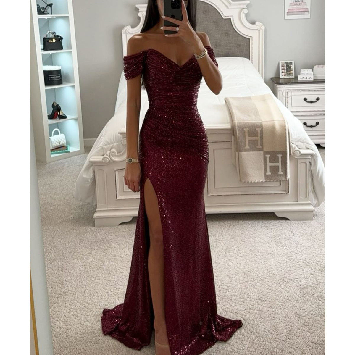 Elegant Party Sequins Off-Shoulder Split Dress